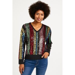 Oliver.O | Multicolored Sequins Embellished Metallic Jewel Tone Knit Sweater